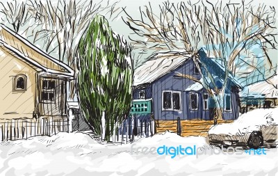 Sketch Cityscape Of Quebec, Canada Show Snow And Houses View, Fr… Stock Image