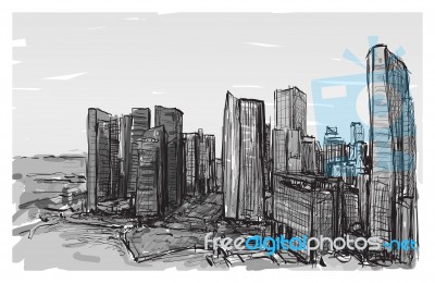 Sketch Cityscape Of Singapore Building Skyline, Free Hand Draw Illustration Stock Image