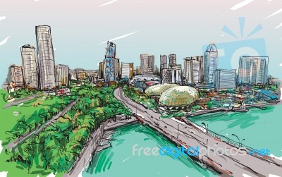 Sketch Cityscape Of Singapore Skyline In Special Color, Free Hand Draw Illustration Stock Image