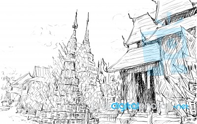 Sketch Cityscape Of Thai Temple Show Asia Style, Illustration Stock Image