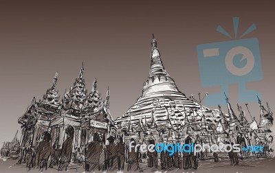 Sketch Cityscape Of Yangon, Myamar Image Of Shwedagon Pagoda, Free Hand Draw Illustration Stock Image