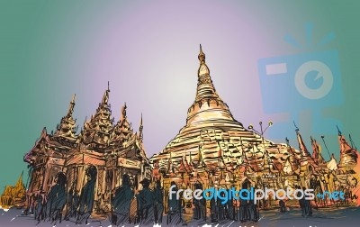 Sketch Cityscape Of Yangon, Myamar Image Of Shwedagon Pagoda, Free Hand Draw Illustration Stock Image