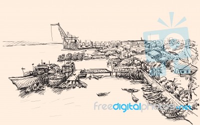 Sketch Cityscape Of Yangon, Myanmar Skyline, Show Docks At Pazundaung Creek, Free Hand Draw Illustration Stock Image