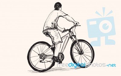 Sketch Of A Man And Bicycle, Free Hand Drawing Stock Image