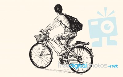 Sketch Of A Woman Riding Bicycle, Free Hand Drawing Illustration… Stock Image