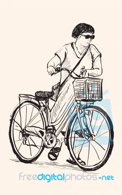 Sketch Of A Woman Walk With Bicycle, Free Hand Drawing Illustration Stock Image