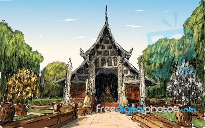 Sketch Of Cityscape Show Asia Style Temple Space In Thailand Stock Image