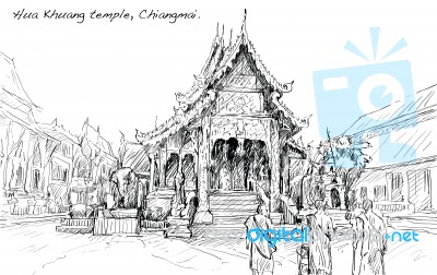 Sketch Of Cityscape Show Asia Style Temple Space In Thailand, Il… Stock Image