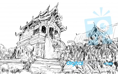 Sketch Of Cityscape Show Asia Style Temple Space In Thailand, Il… Stock Image