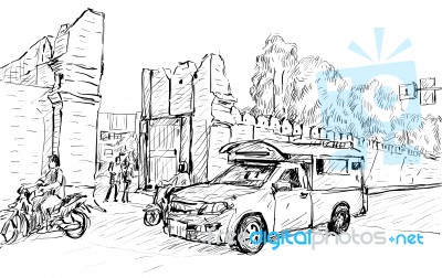 Sketch Of Cityscape Show Asia Style Trafic On Street Stock Image