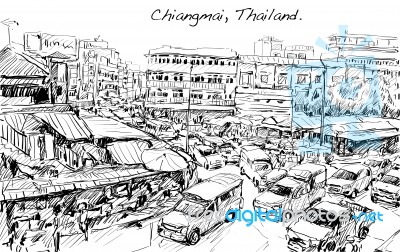 Sketch Of Cityscape Show Asia Style Trafic On Street Stock Image