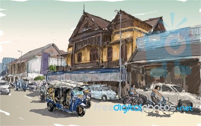 Sketch Of Cityscape Show Asia Style Trafic On Street Stock Image