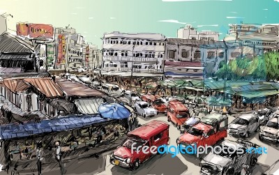 Sketch Of Cityscape Show Asia Style Trafic On Street And Building Stock Image