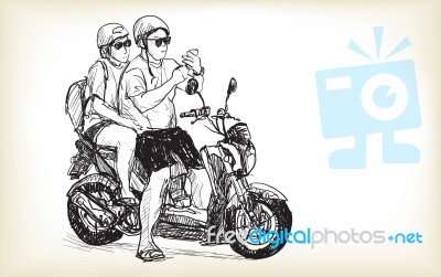 Sketch Of Touring Motorbike In City, Look A Map On Mobile Phone,… Stock Image