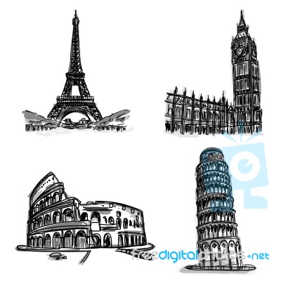 Sketch With World Famous Landmark Stock Image