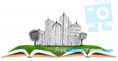 Sketching Of Modern Building On Green Grass Field Stock Photo