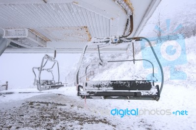 Ski Chair Lift Is Covered By Snow In Winter,deogyusan Mountains In South Korea Stock Photo