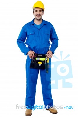 Skilled Male Plumber With Toolkit Stock Photo