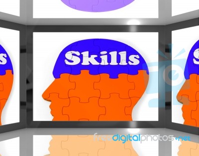 Skills On Brain On Screen Showing Human Competences Stock Image