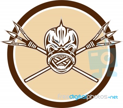 Skull Dolphin Fish Crossed Spears Circle Retro Stock Image