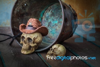 Skull In A Bucket Of Water On The Old Wooden Stock Photo