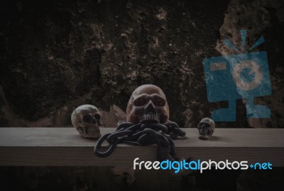 Skulls With Old Wall Stock Photo