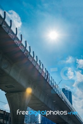 Sky Railroad Tracks With Bright Sunny Blue Sky And Flare Stock Photo