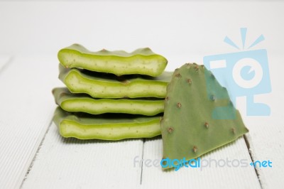 Sliced Opuntia Ficus-indica Cactus Leaf On A White Background Stock Photo