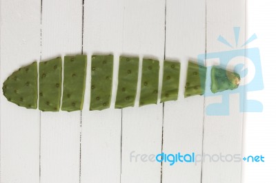 Sliced Opuntia Ficus-indica Cactus Leaf On A White Background Stock Photo