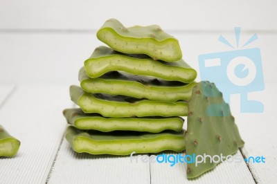 Sliced Opuntia Ficus-indica Cactus Leaf On A White Background Stock Photo