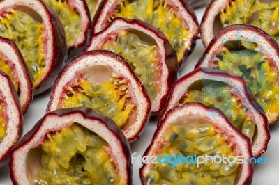 Sliced Passion Fruit Stock Photo