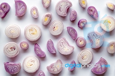 Sliced Shallot On The White Background Top View Stock Photo