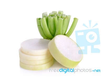 Slices White Radish Isolated On The White Background Stock Photo