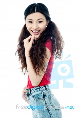 Slim Young Smiling Chinese Girl Over White Stock Photo