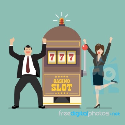 Slot Machine Jackpot With Celebrate Businessman And Woman Stock Image