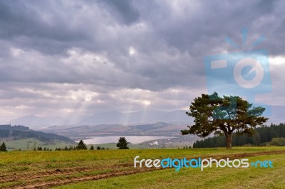 Slovakia Autumn Cloudy Morning Panorama. Rural Fall Scene Stock Photo