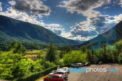 Slovenia Slovenja Beautiful Landscape, Green Mountains And Blue Cloud Sky Stock Photo