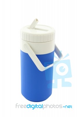 Small Blue Can Plastic Cooler And Tube On White Background Stock Photo