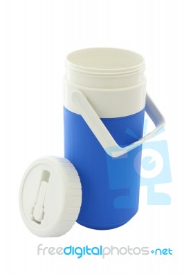 Small Blue Can Plastic Cooler Opened Cover On White Background Stock Photo