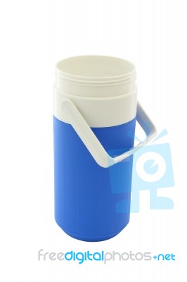 Small Blue Can Plastic Cooler Opened On White Background Stock Photo