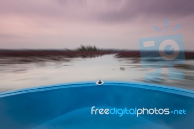 Small Boat In The Lake Of Red Lotus With Blur Background Stock Photo