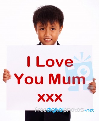 Small Boy With I Love You Mum Board Stock Photo