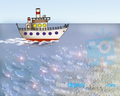 Small Cartoon Ship In The Calm Ocean Stock Image