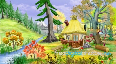 Small  Fairy Tale House Near The River In The Autumn Forest Stock Image