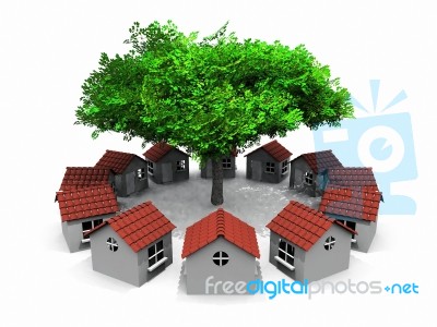 Small Houses In Circles And Tree Stock Image