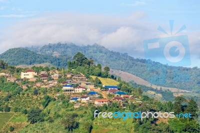 Small Village On On The Mountain Stock Photo