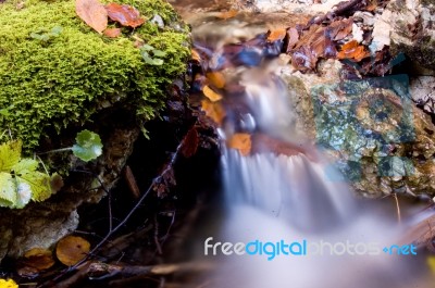 Small Waterfall In Autumn Forest Stock Photo