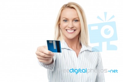 Smart Executive Woman Holding Credit Card Stock Photo