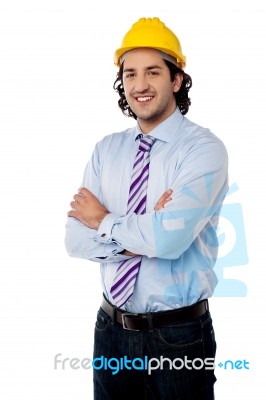 Smart Male Engineer Posing Over White Stock Photo