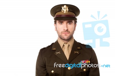 Smart Us Army Man Facing Camera Stock Photo